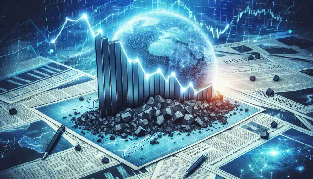 A high-definition graphic illustration depicting the dramatic decrease of shares for a large coal company. The image shows a bar chart with the share prices dropping significantly, indicating a record low. Surrounding the chart are newspaper headlines and various reports speculating the reasons behind this dramatic decline.