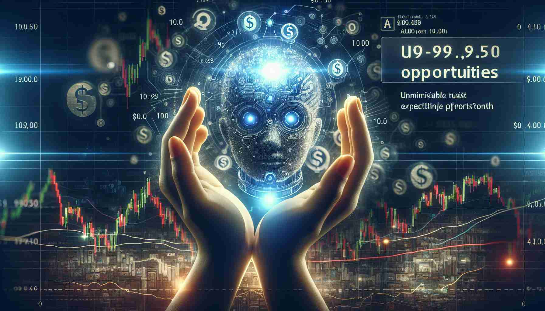 Create a highly detailed and realistic image showing the concept of a significant surge in artificial intelligence. The image includes visuals of stocks priced under $10 implying unmissable opportunities. There is a hint about an unidentified tech company that is predicted to experience exceptional growth.