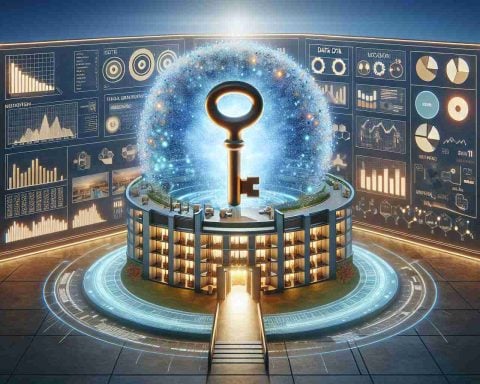 An ultra-high-definition image representing the concept of unlocking hotel success in the year 2025. The visual can show an innovatively designed hotel thriving due to futuristic technologies. In the center, show a symbolic key that embodies 'data', glowing with importance, unlocking a door to prosperity. Display charts, graphs, and screens displaying data analytics in the background, signifying that data is becoming the ultimate game-changer in the hotel industry. The image would capture the significance of big data and its role in shaping the future of the hospitality industry.