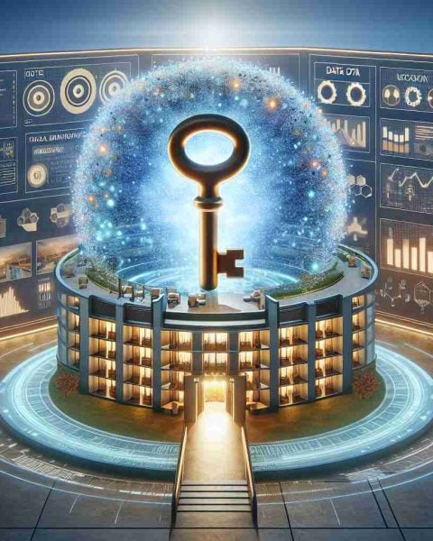 An ultra-high-definition image representing the concept of unlocking hotel success in the year 2025. The visual can show an innovatively designed hotel thriving due to futuristic technologies. In the center, show a symbolic key that embodies 'data', glowing with importance, unlocking a door to prosperity. Display charts, graphs, and screens displaying data analytics in the background, signifying that data is becoming the ultimate game-changer in the hotel industry. The image would capture the significance of big data and its role in shaping the future of the hospitality industry.