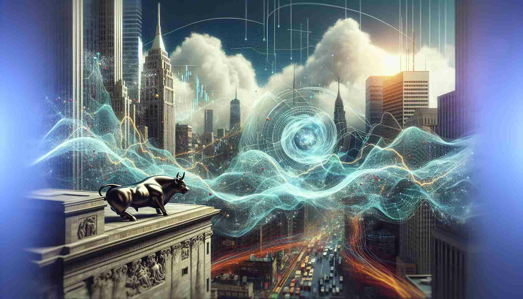 High-definition, realistic visual representation of the concept 'The Quantum Revolution Takes Wall Street by Storm'. Show a symbolic representation of Wall Street, perhaps with skyscrapers, a stock ticker, or a bull statue. On the other hand, visualize the 'Quantum Revolution' as abstract waves or particles interacting with this landscape. Add visual elements that convey a 'storm' or 'surge', such as dynamic lines or clouds. Use metaphorical iconography to suggest the idea of a driving force.