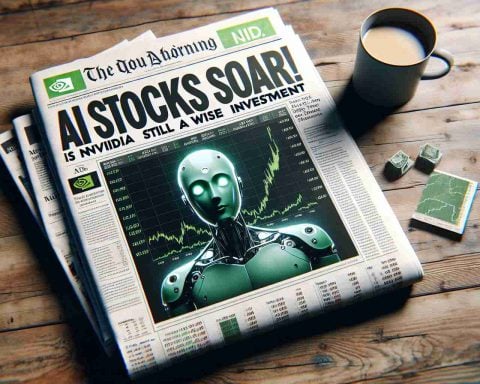 A high-definition, realistic image of a newspaper headline reading 'AI Stocks Soar! Is Nvidia Still a Wise Investment?' The entire plot is displayed on a wooden table background. The newspaper showcases charts and graphs demonstrating the rise of AI stocks, specifically highlighting the Nvidia stock and its recent performance. The surrounding environment includes a cup of hot coffee nearby the newspaper, representing a typical early-morning investment research setting.