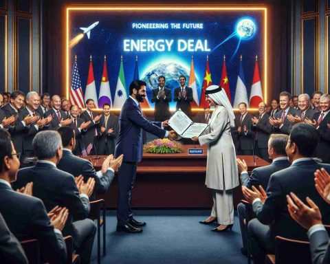 A high-definition, realistic image portraying the groundbreaking moment of an energy deal between two nations. The setting is a conference room, filled with representatives from both nations. There are two signatories in the center of the image; the one on the left is a middle-aged, Hispanic woman in a business suit and the one on the right is a young, South Asian man in traditional attire. They are enthusiastically shaking hands over a document that reads 'Energy Deal'. An LED display in the background illuminates with the words 'Pioneering the Future'. Surrounding them are applauding attendees, expressing the significant impact of this event.