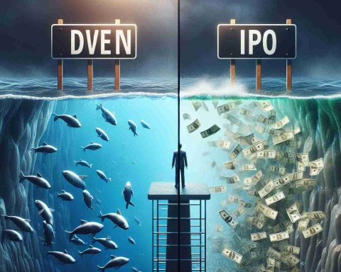 A realistic, high-definition image of a visual alert for Initial Public Offering (IPO). The alert is captured in split-frame style. On one side, there's a metaphor symbolizing the phrase 'Dive In' - perhaps a person standing on the edge of a diving board, looking at a pool full of dollar bills. On the other side, there's a symbol for 'Stay Away' - possibly a person standing before a 'No Entry' sign or a dangerous cliff edge. Both sides should clearly illustrate the rewards and risks associated with IPOs.