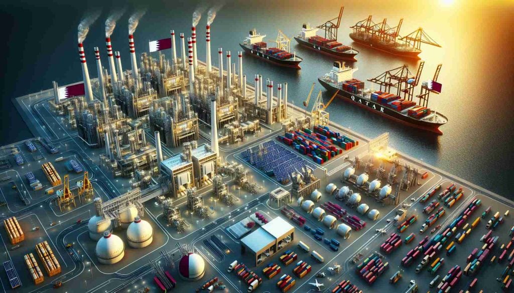 Generate a high-definition, realistic image representing a major investment from Qatar in Syria, focusing primarily on the energy and port sectors. The image can include elements such as modern energy infrastructure like power plants and solar panels, and port facilities like shipping containers, cranes, and ships. Also include some symbols of Qatar and Syria, although not associated with any public figure or politician, to highlight the partnership between these two countries.