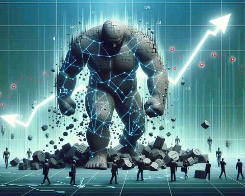 Realistic high-definition illustration showing an abstract representation of tech market trends. Depict a large tech company represented by a stumbling giant, symbolizing a correction phase, while smaller figures around it are thriving and growing, signifying peer growth in the sector.