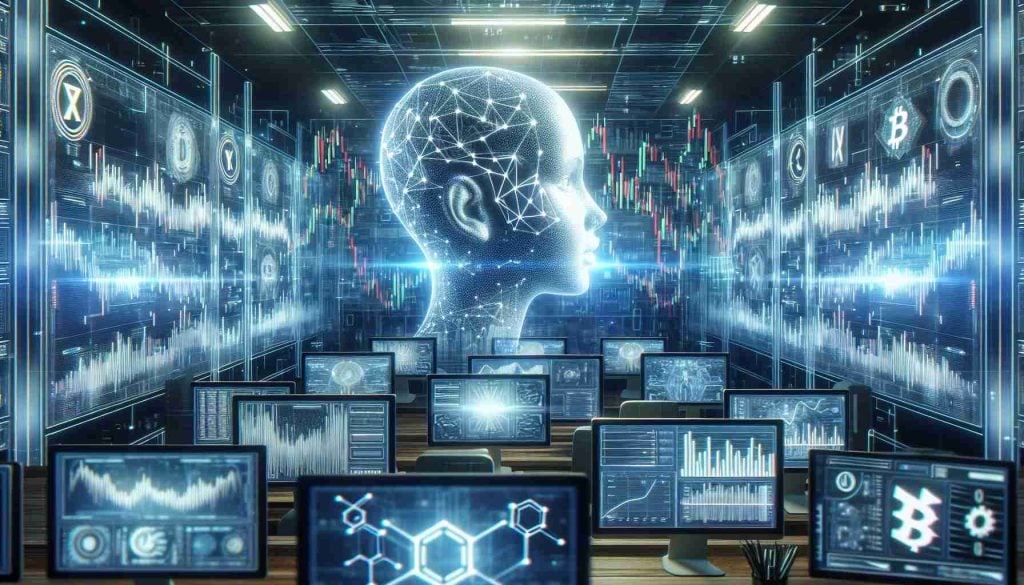 Create a realistic, high-definition image showing the world of artificial intelligence revolutionizing the market. Include depictions of digital screens showing soaring trends of cryptocurrency, signifying unprecedented advancements. The setting can be a modern, high-tech trading floor with numerous screens displaying various cryptocurrency charts, symbols, and graphics.