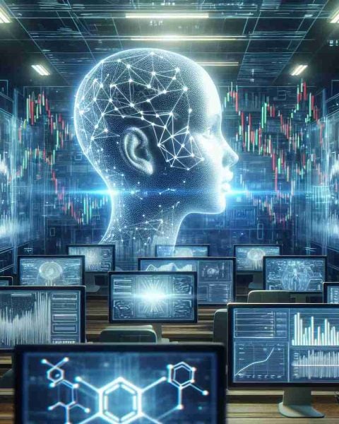 Create a realistic, high-definition image showing the world of artificial intelligence revolutionizing the market. Include depictions of digital screens showing soaring trends of cryptocurrency, signifying unprecedented advancements. The setting can be a modern, high-tech trading floor with numerous screens displaying various cryptocurrency charts, symbols, and graphics.