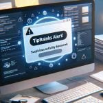 Render a realistic high-definition image of a computer screen notification reading 'TipRanks Alert! Suspicious Activity Discovered.' The notification should appear as a message pop-up on the bottom right corner of the screen. The background behind the notification should resemble a typical office/workspace setting, with hints of documents and apps related to finance, making it appear like it belongs to a person working in the finance sector.