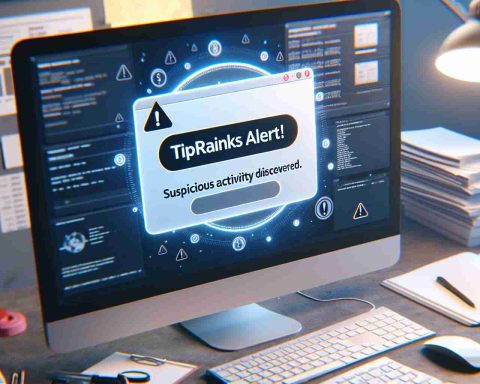 Render a realistic high-definition image of a computer screen notification reading 'TipRanks Alert! Suspicious Activity Discovered.' The notification should appear as a message pop-up on the bottom right corner of the screen. The background behind the notification should resemble a typical office/workspace setting, with hints of documents and apps related to finance, making it appear like it belongs to a person working in the finance sector.