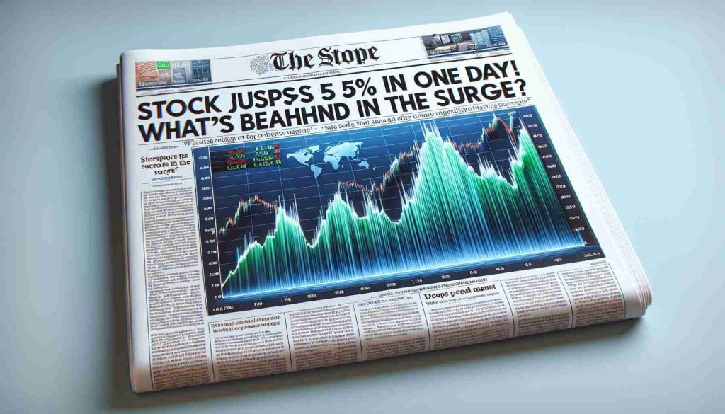 Realistic high-definition image of a newspaper headline saying 'Stock Jumps 5% in One Day! What’s Behind the Surge?' with a graph/chart depiction of the stock surge on market beside the headline.