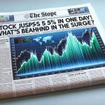 Realistic high-definition image of a newspaper headline saying 'Stock Jumps 5% in One Day! What’s Behind the Surge?' with a graph/chart depiction of the stock surge on market beside the headline.