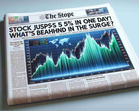 Realistic high-definition image of a newspaper headline saying 'Stock Jumps 5% in One Day! What’s Behind the Surge?' with a graph/chart depiction of the stock surge on market beside the headline.