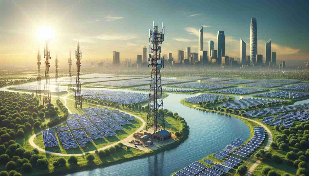 Visualize an ultra-high definition, photorealistic image depicting a scene where large telecommunication towers by a river, possibly symbolizing the Indus Towers, are powered by solar panels. These solar panels are spread across spacious fields under a clear sunny sky, evoking the major investment made by a hypothetical green energy company, akin to JSW Green Energy. In the background, there is a bustling cityscape demonstrating juxtaposition between modern urban life and renewable solutions.