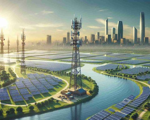 Visualize an ultra-high definition, photorealistic image depicting a scene where large telecommunication towers by a river, possibly symbolizing the Indus Towers, are powered by solar panels. These solar panels are spread across spacious fields under a clear sunny sky, evoking the major investment made by a hypothetical green energy company, akin to JSW Green Energy. In the background, there is a bustling cityscape demonstrating juxtaposition between modern urban life and renewable solutions.