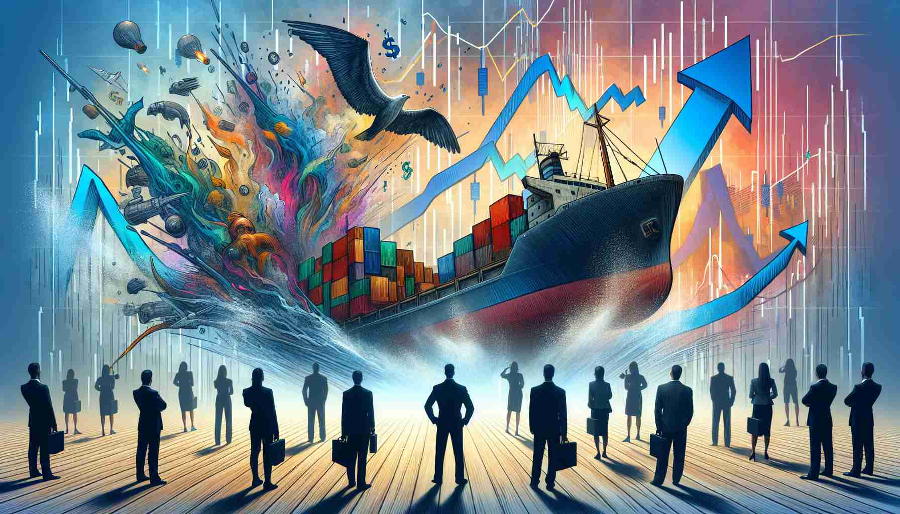 An artistic representation of the abstract concept of an unexpected shift in the operations of a major ecommerce company, symbolizing its potential impact on investors. The image could feature elements like a giant ship veering off its course, split-stock imagery or a graph showing a sudden rise or fall, characters symbolizing investors watching the scene with varying emotions of surprise, fear, joy, or confusion. The quality should be high definition and realistic.