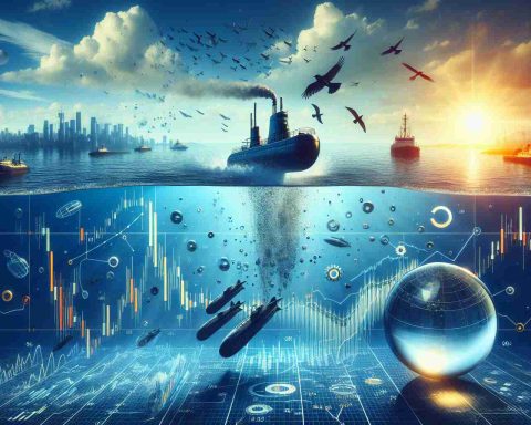 An HD visual representation of the abstract concept showing the financial performance of a hypothetical energy company. One side of the image depicts a deep ocean dive, symbolizing a decrease in profit, with submarine-like objects symbolizing declining numbers. The other side shows a clear sky with soaring birds, symbolizing rising revenue numbers. Also, a crystal ball or a futuristic element could be included in the foreground suggesting the uncertainty of 'What's next?'. This summary coalesces to portray the volatile energy markets.