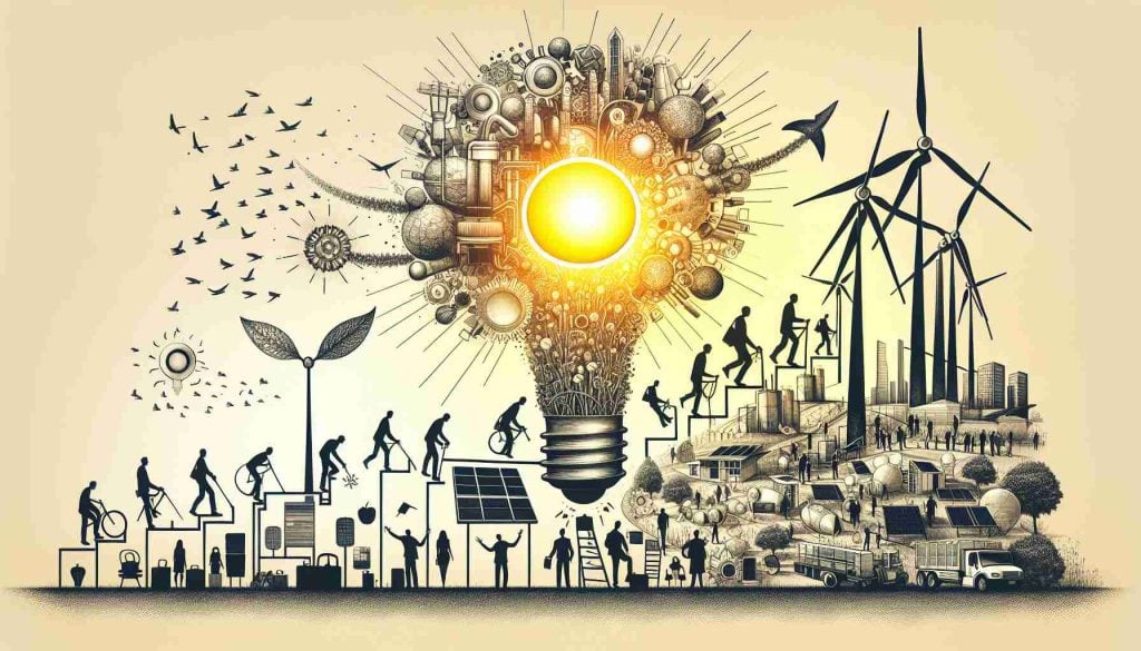 Generate a realistic high definition image representing the abstract concept of 'The Untold Story of a fictional Energy Company'. Illustrate this by showing the progression of renewable energy solutions being innovated and implemented by this corporate entity. Capture elements such as solar panels, wind turbines, and a stylized sun to symbolize clean energy. Also depict figurative motifs of continuous improvement and novel ideas, for example, a lightbulb or a growing plant sprouting from a lightbulb. The image should evoke a sense of discovery, innovation, and optimism towards the future of renewable energy.