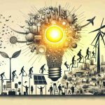 Generate a realistic high definition image representing the abstract concept of 'The Untold Story of a fictional Energy Company'. Illustrate this by showing the progression of renewable energy solutions being innovated and implemented by this corporate entity. Capture elements such as solar panels, wind turbines, and a stylized sun to symbolize clean energy. Also depict figurative motifs of continuous improvement and novel ideas, for example, a lightbulb or a growing plant sprouting from a lightbulb. The image should evoke a sense of discovery, innovation, and optimism towards the future of renewable energy.