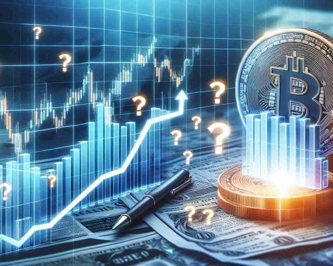 A detailed representation of a financial news story where a cryptocurrency trading platform's stocks are experiencing a significant rise. The scene shows a dramatic increase on a stock market graph, representing the record high. The graph is paired with question marks, symbolizing the uncertainties over what's triggering such a surge.