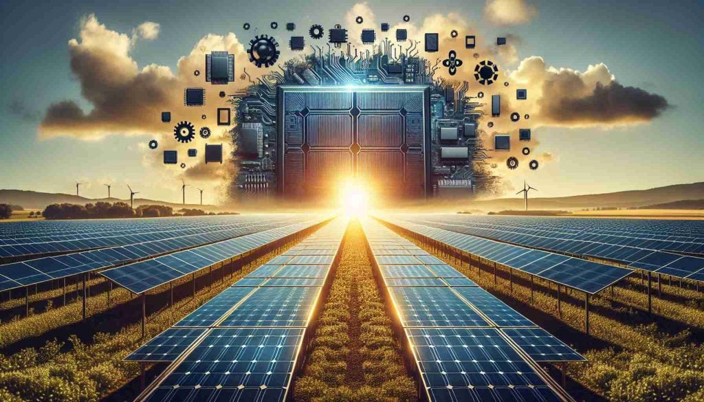 A high-definition, realistic picture symbolizing the entering of tech giants into the solar power domain. An image of huge silicon solar panels, indicating renewable energy, located in a sunny field. In the sky above, a silhouette of typical technology industry icons such as gears, circuits, and microchips is emerging from a glowing sunrise, representing a new era for renewable energy. The atmosphere of the scene should feel optimistic and progressive.