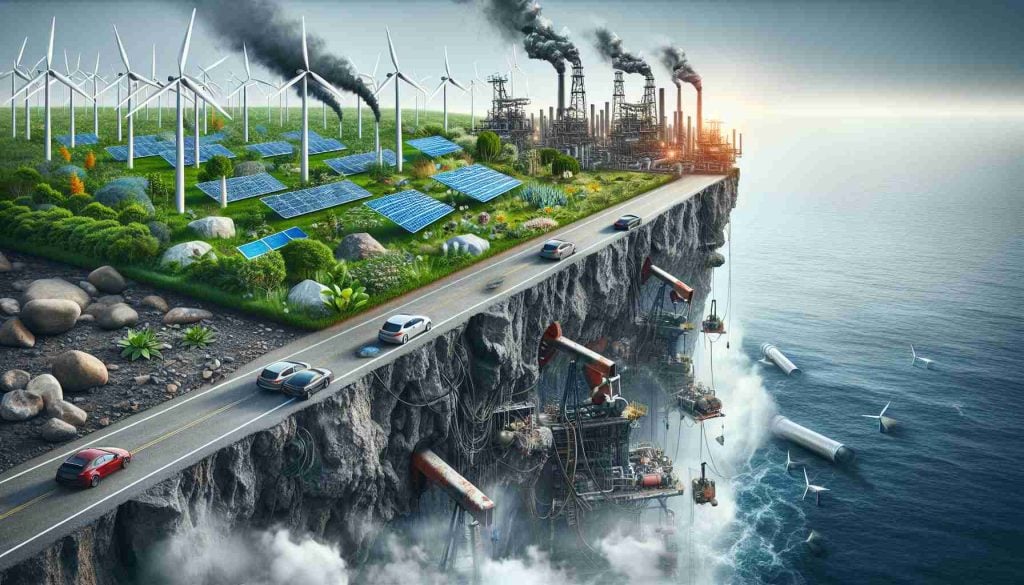 Generate a realistic, high-definition image symbolizing the controversial future of energy investments. Show a precipice with one side lush and powered by clean energy resources - wind turbines, solar panels, electric cars. The other side should be scarred and smoky, with traditional oil rigs and gas pipelines. The juxtaposition is meant to imply the question: Are the giants of the oil and gas industry adapting?