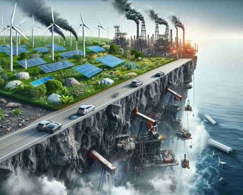 Generate a realistic, high-definition image symbolizing the controversial future of energy investments. Show a precipice with one side lush and powered by clean energy resources - wind turbines, solar panels, electric cars. The other side should be scarred and smoky, with traditional oil rigs and gas pipelines. The juxtaposition is meant to imply the question: Are the giants of the oil and gas industry adapting?