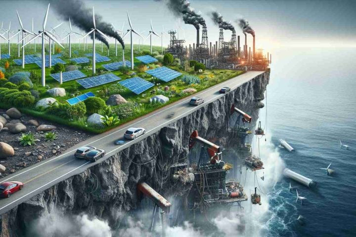 Generate a realistic, high-definition image symbolizing the controversial future of energy investments. Show a precipice with one side lush and powered by clean energy resources - wind turbines, solar panels, electric cars. The other side should be scarred and smoky, with traditional oil rigs and gas pipelines. The juxtaposition is meant to imply the question: Are the giants of the oil and gas industry adapting?