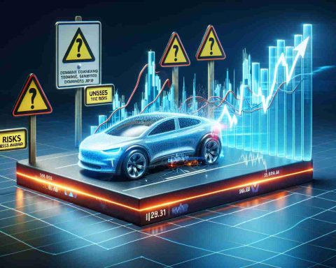 Realistic high-definition illustration of a graph chart showing the momentum of a prominent electric car company's stock, with signs warning of unseen risks ahead.