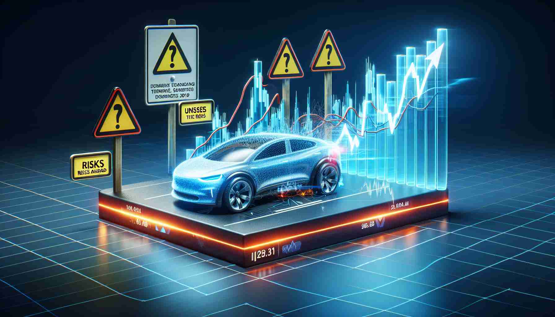 Realistic high-definition illustration of a graph chart showing the momentum of a prominent electric car company's stock, with signs warning of unseen risks ahead.