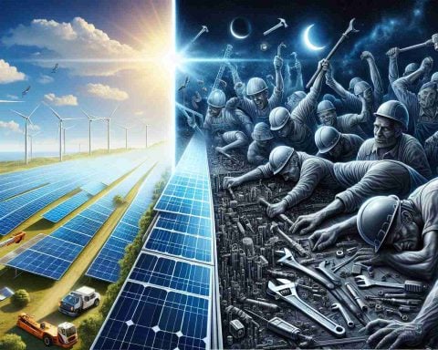 A high-definition, realistic illustration symbolizing the unheard controversies related to the progress of solar energy. Illustrate this as a split frame - on one side, show a bright, efficient solar panel field dazzling under the sunlight, and on the other, depict a darker image of exhausted workers laboring, tools like screwdrivers and wrenches in their hands, implying the labor and unseen consequences of clean energy production. The question, 'Is Clean Energy Truly Clean?' is inscribed in bold letters at the bottom.