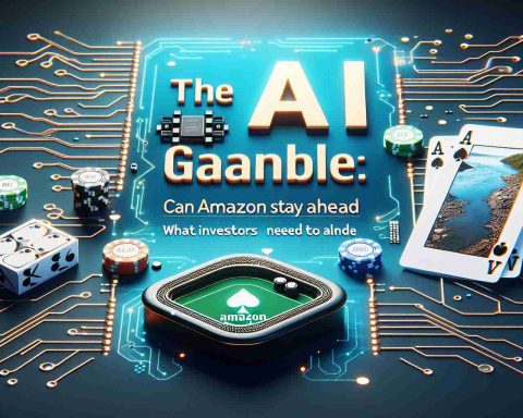 Realistic HD image representing the concept of AI advancing, with the implication of it being a gamble, featuring symbols such as AI circuits, a poker table, and Amazon River representing Amazon company. Text overlays stating 'The AI Gamble: Can Amazon Stay Ahead?' and 'What Investors Need to Know' should also be included.