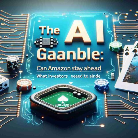 Realistic HD image representing the concept of AI advancing, with the implication of it being a gamble, featuring symbols such as AI circuits, a poker table, and Amazon River representing Amazon company. Text overlays stating 'The AI Gamble: Can Amazon Stay Ahead?' and 'What Investors Need to Know' should also be included.