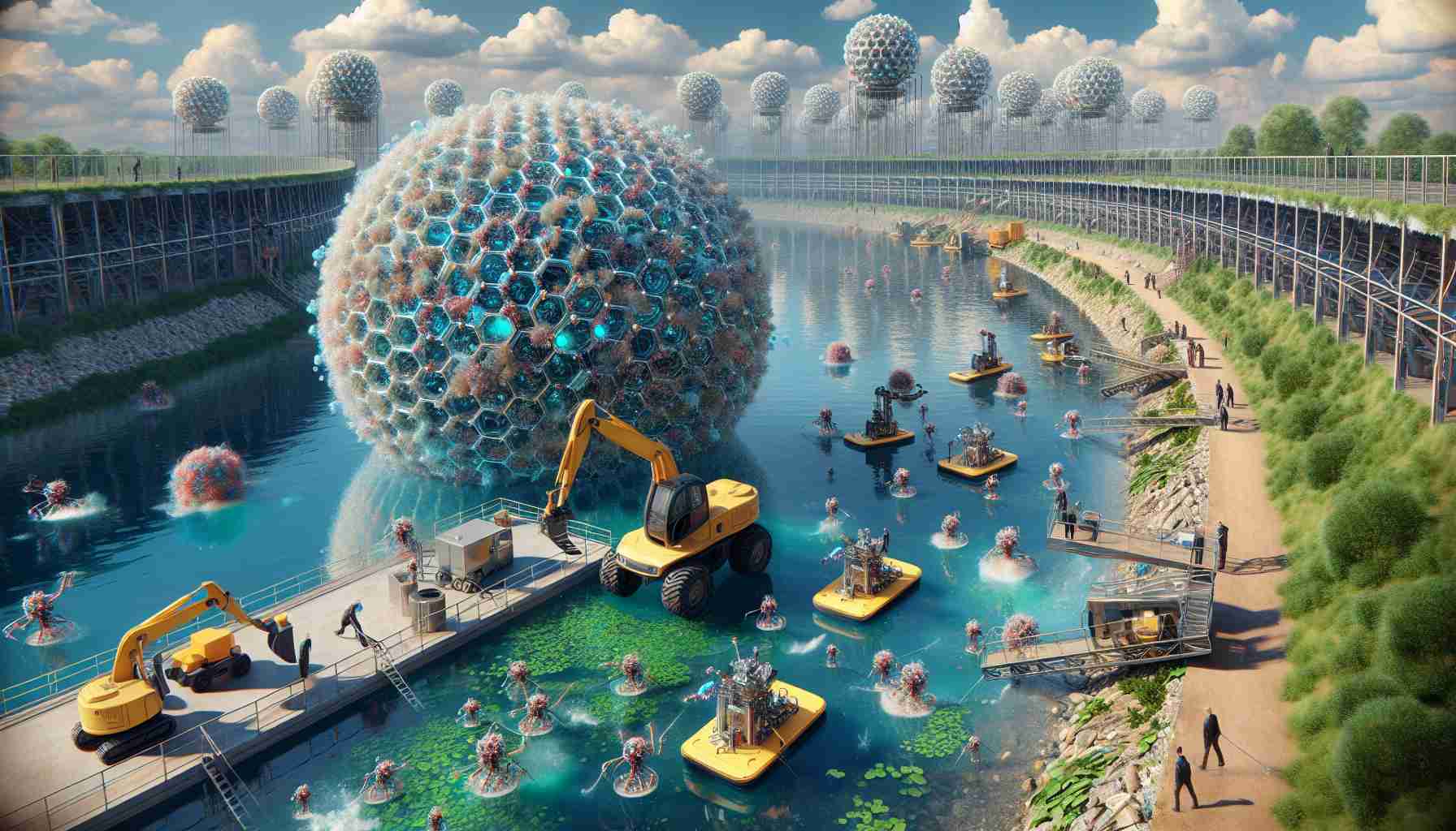 Generate a hyperrealistic high-definition image capturing a profound scenario of the Nanotech Revolution. This should envision an impactful change in society and environment due to nanotech advancements, like microscopic robots working together to clean polluted rivers, or repairing damaged infrastructure, etc. Please do not include real individuals in the depiction.