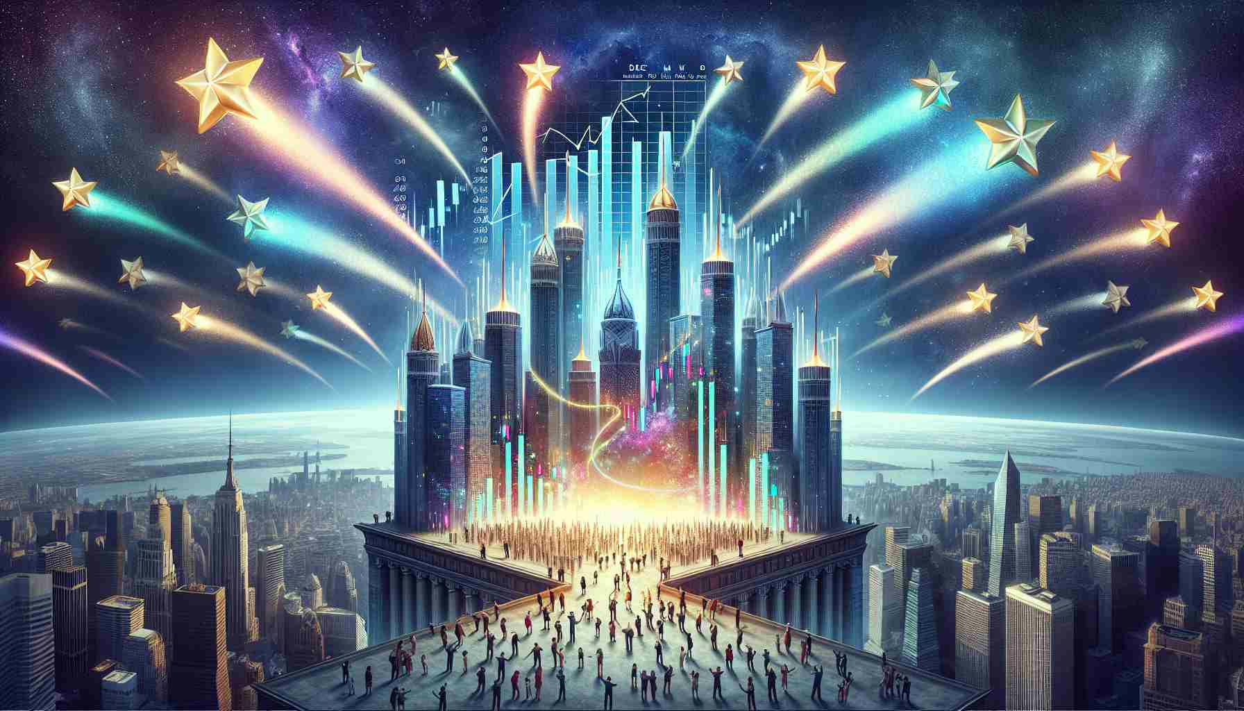 A highly detailed, photorealistic rendition of the concept of a booming Initial Public Offering(IPO) market. The background is filled with artistic impressions of towering skyscraper-sized bar graphs, signifying strong economic growth and successful listings. A prominent calendar hangs in the mid-air flaunting the month 'December', surrounded by 9 distinct, brightly colored shooting stars symbolizing the 9 exciting listings, each one leaving a luminous trail. People from various descents and genders can be seen celebrating and observing the spectacle beneath.