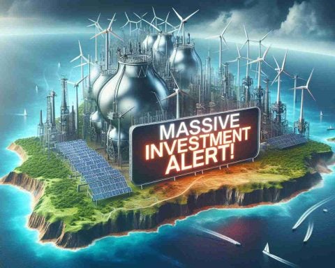 A high definition, hyperrealistic photo depicting the concept of a large-scale investment alert. It visualizes Puerto Rico ready for an energy transformation. The image includes a strong, bold text stating 'Massive Investment Alert!' positioned in the foreground. The backdrop is a symbolic representation of Puerto Rico set against a backdrop of renewable energy infrastructures like wind turbines, solar panels, and electric grids that exemplify energy transformation.