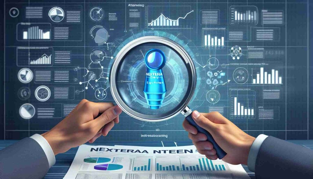 Generate a realistic HD image symbolising the intrigue and attention of investors towards NextEra Energy Partners. Perhaps depict this attention with physical representations such as a magnifying glass or binoculars focused on schematic diagrams, bar graphs, pie-charts and numbers representing the company's performance.