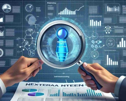 Generate a realistic HD image symbolising the intrigue and attention of investors towards NextEra Energy Partners. Perhaps depict this attention with physical representations such as a magnifying glass or binoculars focused on schematic diagrams, bar graphs, pie-charts and numbers representing the company's performance.