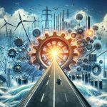 Generate a high-definition realistic innovative energy-themed concept illustration. This could include symbolic representation of the energy sector such as power grids, solar panels, wind turbines, battery storage, and hydroelectric plants. Also, visualize a dramatic shift or 'pivot' - perhaps through imagery of a massive gear wheel turning, or a road veering off in a new direction. Add elements of anticipation and suspense to the image to represent the unidentified challenges or opportunities that await the industry post-pivot.