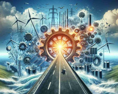 Generate a high-definition realistic innovative energy-themed concept illustration. This could include symbolic representation of the energy sector such as power grids, solar panels, wind turbines, battery storage, and hydroelectric plants. Also, visualize a dramatic shift or 'pivot' - perhaps through imagery of a massive gear wheel turning, or a road veering off in a new direction. Add elements of anticipation and suspense to the image to represent the unidentified challenges or opportunities that await the industry post-pivot.