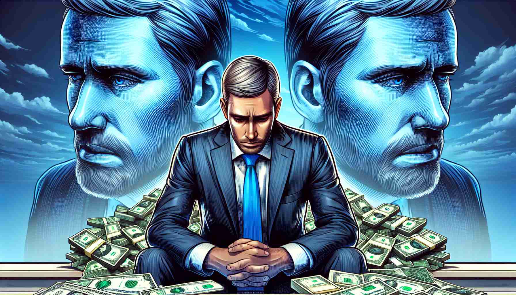 An illustration of a businessman facing a double challenge. He is depicted with a worried expression on his face, reflecting the weight of his billion-dollar dilemma that has been rejected once more. The image should be hyper-realistic and have excellent HD quality. All the surroundings indicate his vast wealth, yet the dominant mood should be one of pensive concern.