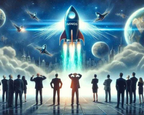 A high-resolution, hyper-realistic image showing the scene of a successful initial public offering (IPO). There's an abstract representation of a rocket with 'identical minds' written on it, soaring high in the sky, symbolizing the skyrocketing IPO. Also depicted are business executives, journalists, and market enthusiasts staring in awe at the sight, awaiting the market debut. The atmosphere is charged with anticipation and excitement.