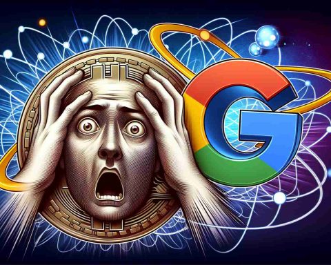 Illustration of a digital concept showing an expression of panic over the future of Bitcoin, depicted by a stylized Bitcoin symbol being affected by a concept of a 'Quantum Leap' which is symbolized by a representation of Google's logo, with a quantum effect surrounding it. This is to raise questions about the impact of quantum computing on digital currencies in a highly detailed and realistic style.