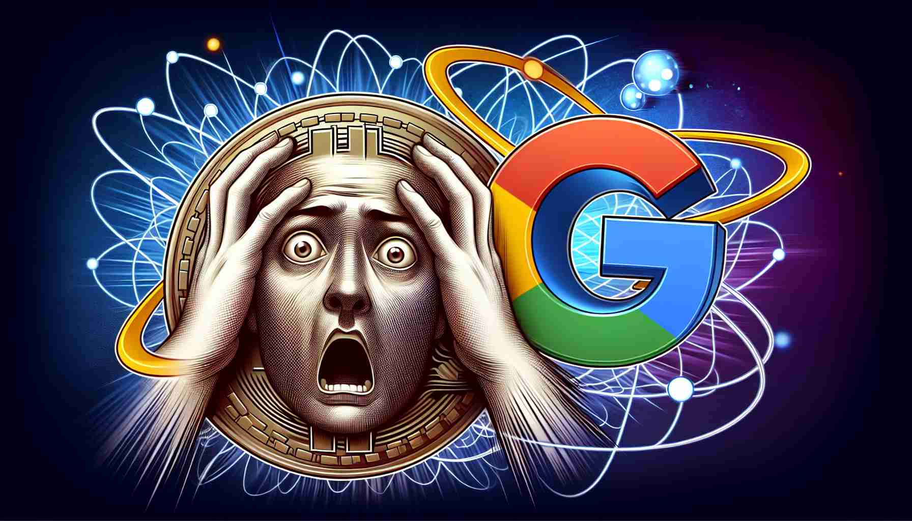 Illustration of a digital concept showing an expression of panic over the future of Bitcoin, depicted by a stylized Bitcoin symbol being affected by a concept of a 'Quantum Leap' which is symbolized by a representation of Google's logo, with a quantum effect surrounding it. This is to raise questions about the impact of quantum computing on digital currencies in a highly detailed and realistic style.