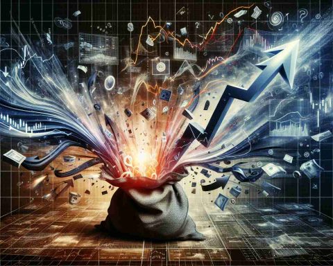 Visual representation of a dramatic financial twist. This includes a tumultuous stock market chart, with a line depicting a jarring shift. Imagine a large arrow moving down and then twisting to move dramatically upwards. Surrounding this central chart, there could be smaller depictions of various financial indicators and trends, some showing gains and others showing losses. It's a literal mixed bag of results! In the foreground could be a bag busting open with symbols of different stocks and commodities spilling out. The image is high definition and has a palpable intensity and realism.