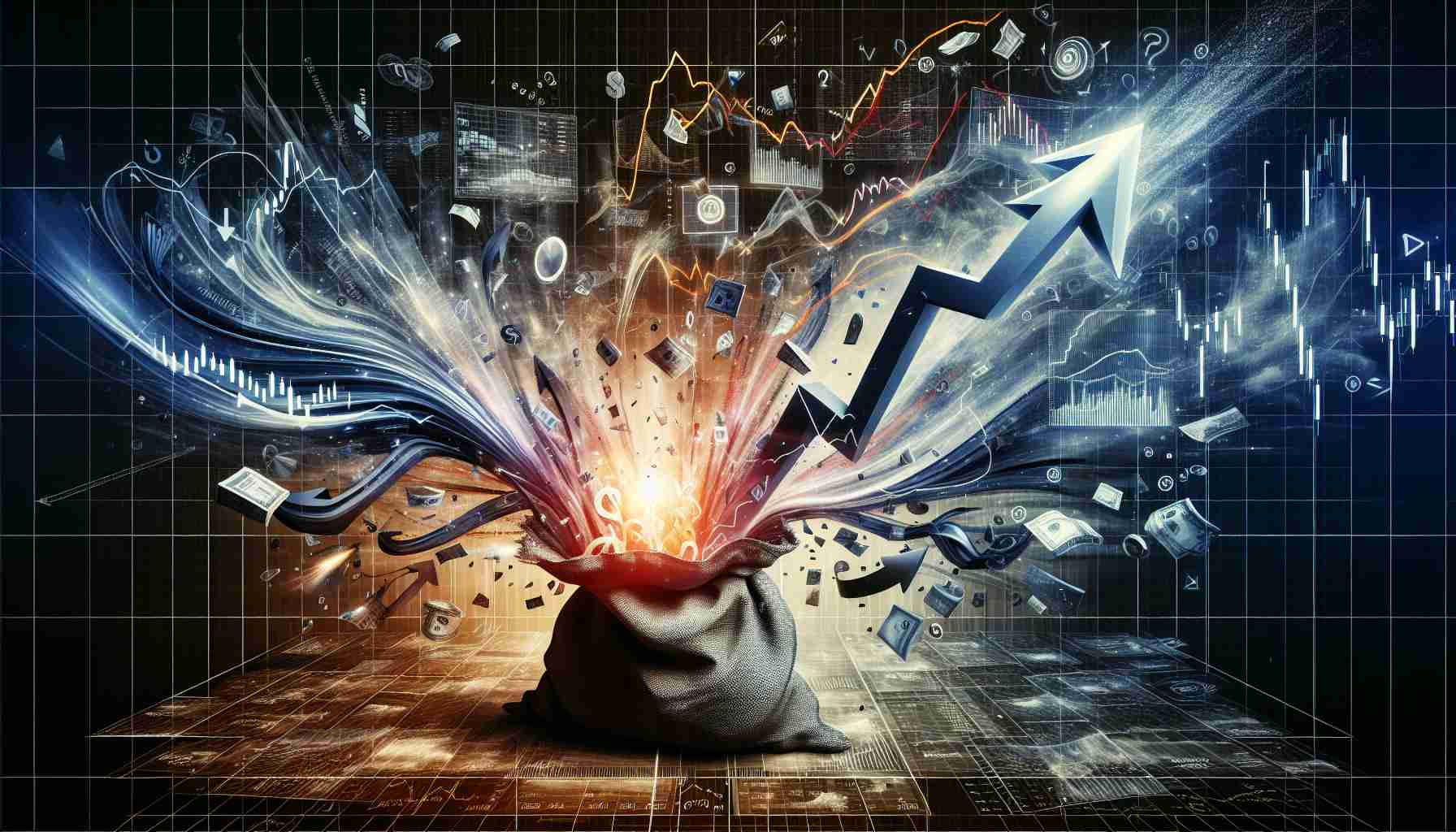 Visual representation of a dramatic financial twist. This includes a tumultuous stock market chart, with a line depicting a jarring shift. Imagine a large arrow moving down and then twisting to move dramatically upwards. Surrounding this central chart, there could be smaller depictions of various financial indicators and trends, some showing gains and others showing losses. It's a literal mixed bag of results! In the foreground could be a bag busting open with symbols of different stocks and commodities spilling out. The image is high definition and has a palpable intensity and realism.