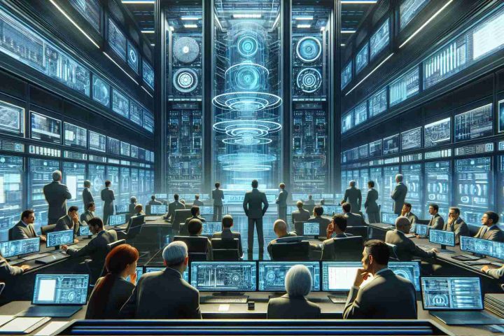 A high-definition, realistic image of a tense business scenario. Inside a modern and futuristic computer laboratory, a critical decision is about to be made. Scientists and engineers, men and women of various descents such as Caucasian, Hispanic, and Middle-Eastern, pore over complex data on holographic screens. Behind them, towering supercomputers blink with activity. The atmosphere is fraught with uncertainty and anticipation. Can the super microcomputer project succeed? Only time will tell.