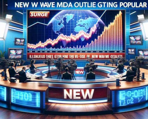 Realistic HD image depicting the phenomenon of new wave media outlets getting popular. Included in the image should be stock charts illustrating a surge. Combine this with the backdrop of a news studio, with headlines and news tickers talking about the popularity of these new wave media outlets.