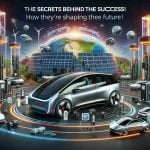 A realistic high-definition image illustrating the concept of the technological advancement and success of a futuristic, visionary electric car company. This includes elements such as state-of-the-art electric vehicles equipped with innovative features and surrounded by charging stations, the use of sustainable energy solutions like a solar panel farm, and a globe in the background to represent global impact. The title 'The Secrets Behind the Success! How They're Shaping the Future' is present in bold, captivating letters, emphasizing the company's forward-thinking approach.