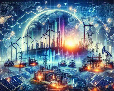 A high definition conceptual representation depicting the question 'Is XEL Stock the Next Big Thing?' incorporated into an image showcasing the energy sector. Include elements like graphs denoting rising trends, iconic images of energy production such as wind turbines, solar panels, oil derricks or electrical substations, against a vibrant backdrop of a global map, portraying the global nature of the energy industry and its potential. Make sure to maintain the realistic look of the elements.